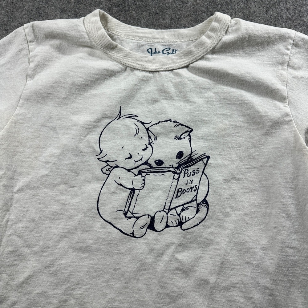 John Galt Graphic Baby Tee T-Shirt Women OS White Kewpie Baby Cat Puss in Boots